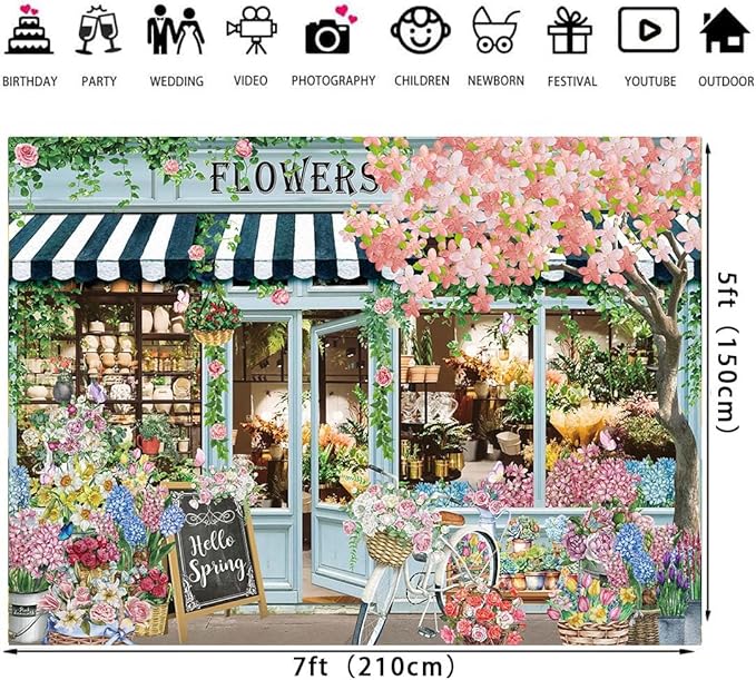 Flowers Shop Backdrop for Photography 7x5FT Spring Florals Butterfly Tea Party Background Hello Spring Banner Decorations Supplies Photo Props