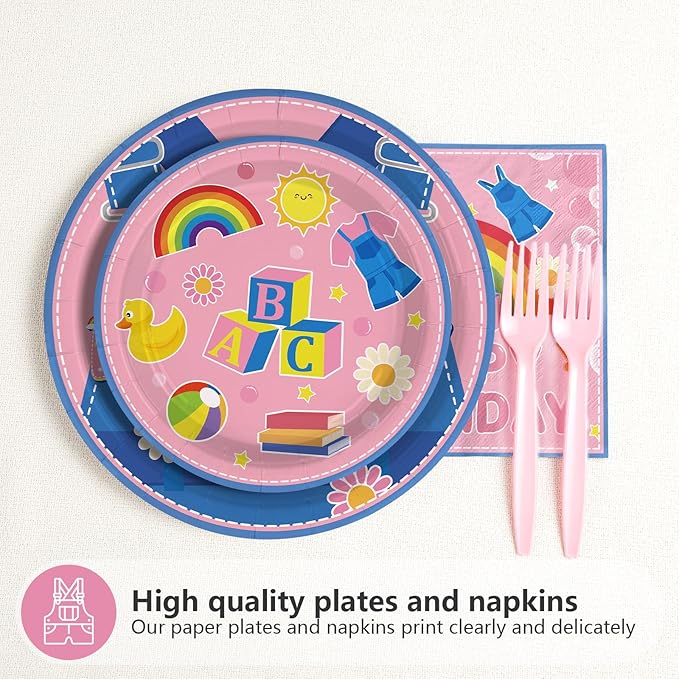 96Pcs Girls Birthday Party Decorations Pink Cartoon Teaching Plates and Napkins Cartoon English Teacher Theme Tableware Set for Girl Birthday Baby Shower Party Supplies，Serves 24