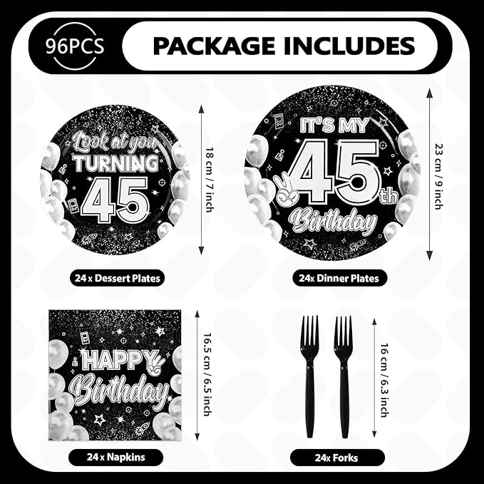 96Pcs 45th Birthday Party Decorations for Men Women Black White 45th Paper Plates and Napkins Set It's My 45th Birthday Theme Decorations for Look at You Turning 45 Years Old Party Supplies Serves 24