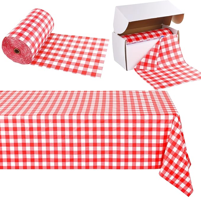 Kochorie 100 Ft x 54 Inch Crawfish Party Tablecloth Roll with Cutter Box Waterproof Plastic Lobster Table Cover (Red Checkered, 500 Ft x 54 Inch)
