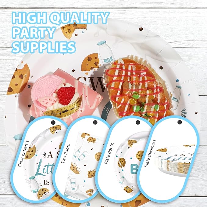 96Pcs Milk and Cookies Baby Shower Decorations A Sweet Little Cookie Is on The Way Plates and Napkins Sets Milk Cookie 1st Birthday Party Decorations for Biscuit Breakfast Party Supplies Serves 24