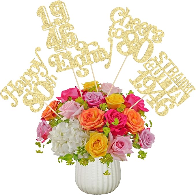 Gyufise 15Pcs Happy 80th Birthday Centerpiece Sticks Eighty Straight Outta 1946 Table Flower Centerpieces Sticks Cheers to 80 Decorations for 80th Birthday Party Supplies Gold
