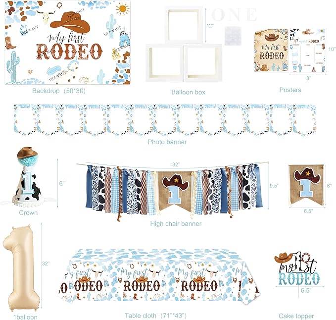 Cowboy 1st Birthday Party Decorations, My First Rodeo Party Supplies, Cowboy 1st Bday Balloon Arch Balloon Box Photo Banner Highchair Banner Crown