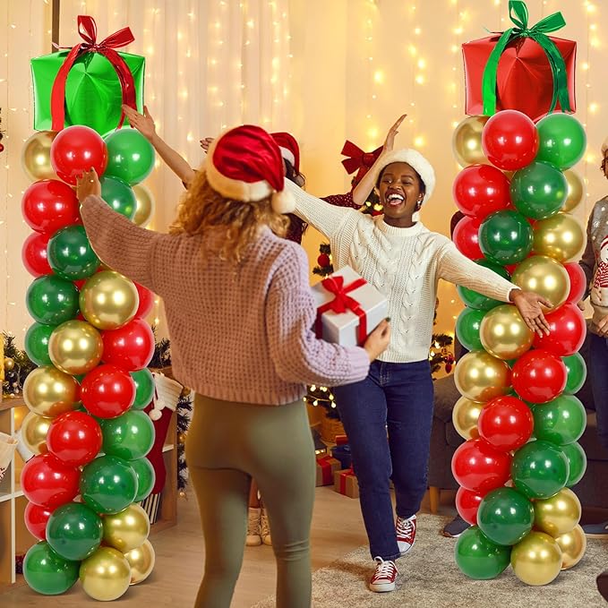 2 Sets Christmas Party Balloon Column Stand Kit With 102 Christmas Gift Boxes Foil Balloons 5.57Ft Adjustable Balloon Tower Stand With Base Adjustable Arch Column for Xmas Birthday Party Supplies