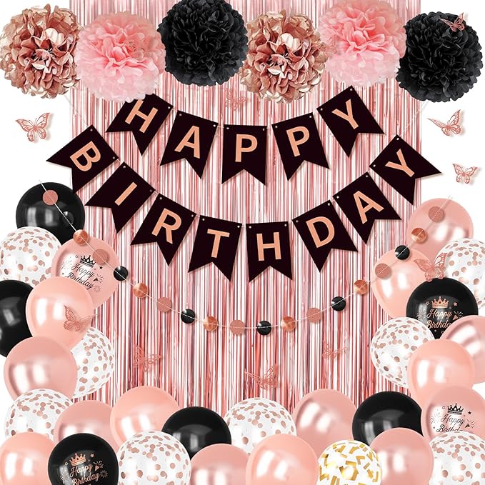 Rose Gold and Black Birthday Decorations for Women Girls, Pearl Rose Gold Black Metallic Printed Balloons Butterfly Stickers Fringe Curtain Happy Birthday Banner Circle Dot Paper Pompom Party Supplies