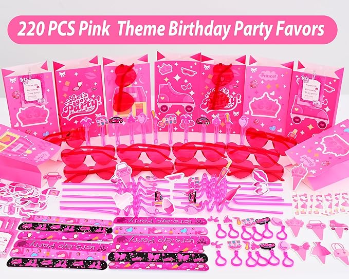 220PCS Pink Party Favors Kit for Girls – Birthday Supplies Includes Glasses, Straws, Bubble Wands, Treat Bags & More – Perfect for Party Decorations & Pinata Fillers