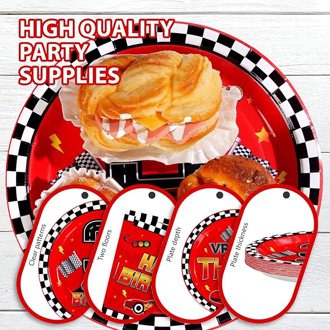 Grencian 96Pcs Red Race Car 3rd Birthday Party Decorations Supplies Hot Car Plates and Napkins Racing Themed Disposable Tableware Set for 3 years old Boys Transportation Birthday Party Serve 24