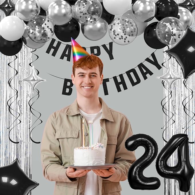 24th Birthday Decorations for Boys Girls, Silvery and Black Happy 24th Birthday Banner ,Number 24 Balloons Arch Kit for 24 year old Birthday Party Decorations.