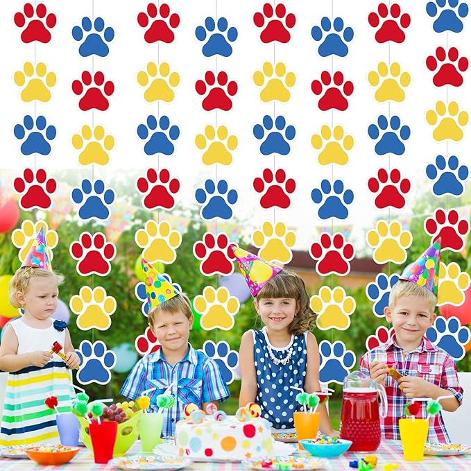 Duraaamo 8 Packs Dog Party Banner Decorations red Blue Paw Print Paper Garland Dog Birthday Paper Hanging Cutouts Colorful Paw Banners for Lets Pawty Pet Birthday Party Supplies Decor (Bright Paws)