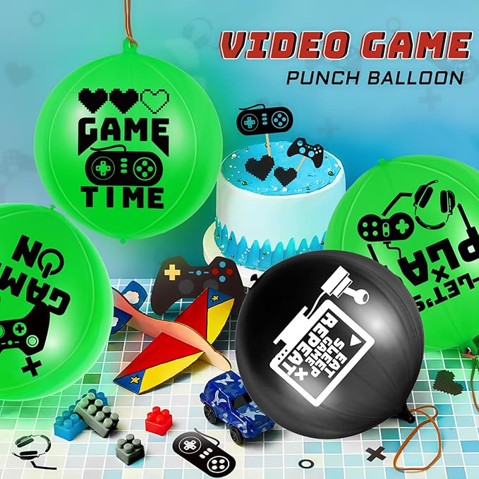 32 Pcs Video Game Punch Balloons Pixelated Punch Ball Pixel Video Game Balloons Latex Balls Toys for Birthday Party Favors Supplies, Goodie Bag Filler(Green, Black)