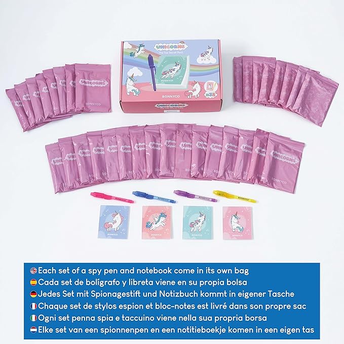 BONNYCO Invisible Ink Pen and Notebook Pack 32, Unicorn Party Favors for Kids. Magic Spy Pen Goodie Bags Stuffers for Kids, Unicorn Birthday Party Supplies. Goody Bag Stuffers, Return Gifts Prizes