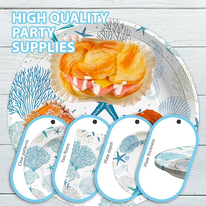 96Pcs Coastal Beach Party Decorations Blue Seashell Starfish Coral Plates and Napkins Sets Nautical Ocean Birthday Party Decorations for Summer Beach Baby Shower Wedding Party Supplies Serves 24