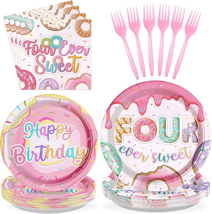 Grencian 96 Pcs Four Ever Sweet Donut Birthday Decorations Girl 4th Donut Themed Plates and Napkins Forks Disposable Tableware Set for Kids Girl 4 Year Old Birthday Party Supplies Favors Serves 24