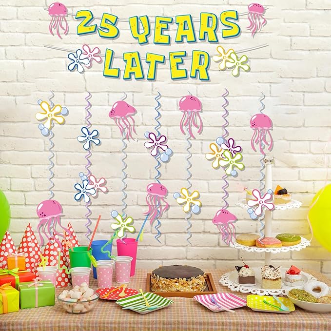 25 Years Later Birthday Banner Carton Sponge Banner Jelly Fish Hanging Swirls Garlands Sea Animals Hanging Banner for Birthday Party Decorations Supplies Party Favors