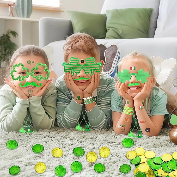 160PCS St. Patrick's Day Accessories Party Favor Set, Shamrock Party Supplies Set with Green Bead Necklaces, Clover Glasses, Mustache, Lucky Coins, Temporary Tattoos, Irish Festival Party Decorations