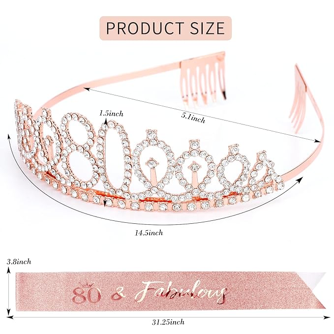 CIEHER 80th Birthday Crown + Sash + Pearl Pin Set, Elegant Gift for Women's 80th Birthday Party Decorations
