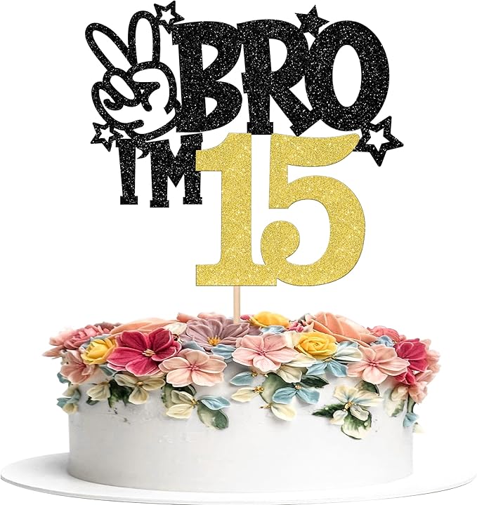 1 PCS Brother I'm 15 Cake Topper Glitter Star Happy 15th Birthday Cake Pick Bro I'm 15 Cake Decoration It's My 15th Birthday Decorations for Boys Cheers to 15 Years Old Birthday Party Supplies Gold