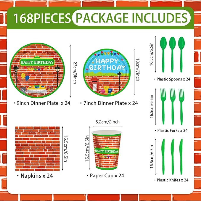 168pcs Red Brick Wall Street Birthday Party Supplies Plates Napkins Paper Cups Disposable Tableware Set Modern Cartoon Street Party Decorations for Kids Boys Birthday Decor Serves 24