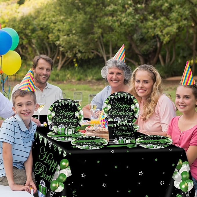 61 Pcs Green Silver Black Birthday Decorations Green Themed Party Tableware Set Confetti Sprinkles Decor Includes Plates Napkins Tablecloth for Men Women Dinner Gathering Supplies Serves 20 Guests
