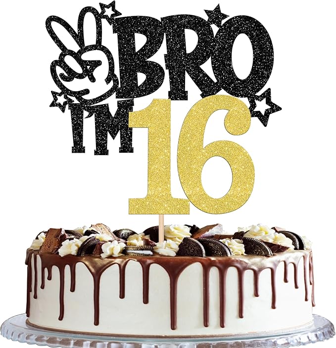 1 PCS Brother I'm 16 Cake Topper Glitter Star Happy 16th Birthday Cake Pick Bro I'm 16 Cake Decoration It's My 16th Birthday Decorations for Boys Cheers to 16 Years Birthday Party Supplies Gold