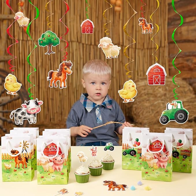 WERNNSAI Farm Animal Hanging Swirl Decorations - 16PC Farm Hanging Foil Swirls Ceiling Supplies Barnyard Party Hanging Streamers for Kids Farmhouse Theme Party Baby Shower