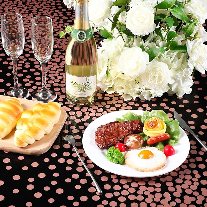 VitalCozy Round Dot Tablecloth 84 Inch Plastic Table Cover Polka Dot Confetti Tablecloths for Easter 2026 Graduation Prom Wedding Birthday Spring Party Supplies(Black and Rose Gold,3 Pcs)