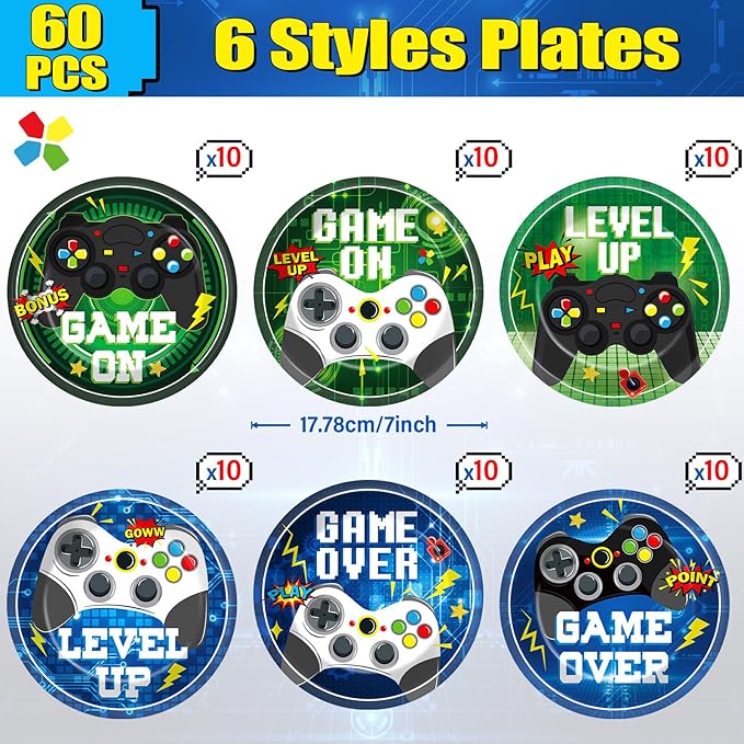 60PCS Video Game Birthday Party Plates Blue Green Gamer Disposable Paper Dessert Plates for Video Gaming Birthday Decorations Gaming Party Tableware Set for Boys Kids Game on Theme Parties Supplies