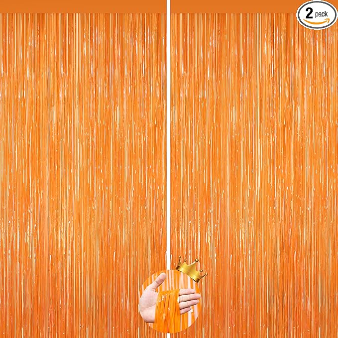 2Pack Orange Backdrop Curtains, Orange Tinsel Backdrop, Metallic Party Streamer Fringe Curtains, Foil Curtains Birthday Party, Curtain Backdrop for Baby Shower Bachelorette Xmas Party Halloween Decors