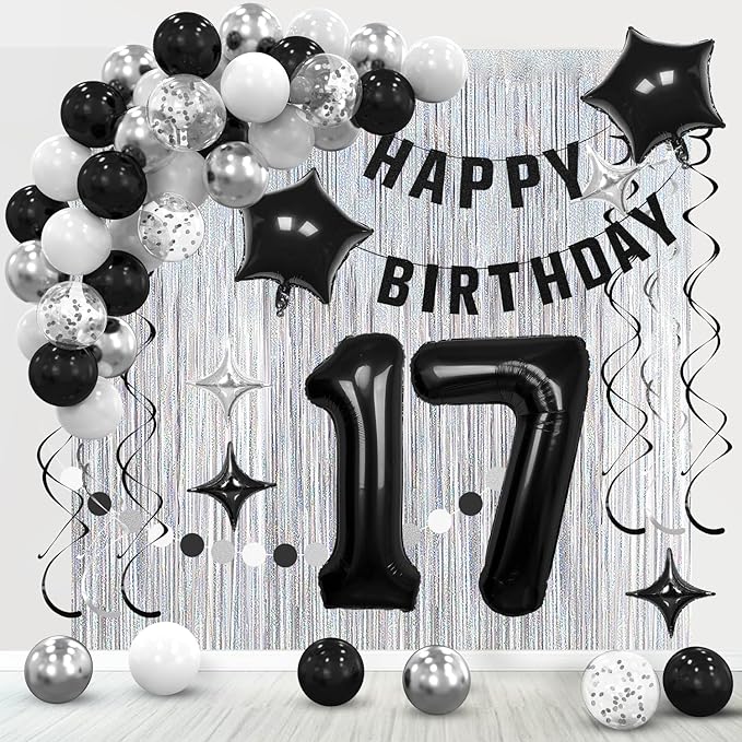 17th Birthday Decorations for Boys Girls, Silvery and Black Happy 17th Birthday Banner,Number 17 Balloons Arch Kit for 17 year old Birthday Party Decorations