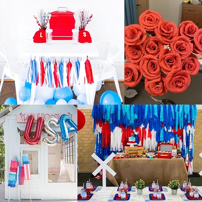 Crepe Paper Streamers 6 Rolls 492 ft,Blue Red Silver Streamer American Party Decorations,for Birthday Decorations,Rainbow DIY, Boy's Birthday Decoration American Theme Party