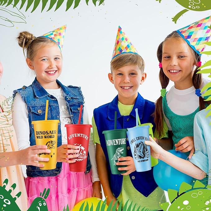 Mifoci 24 Pcs Dinosaur Party Favor 24 oz Plastic Cup with Lids and Straws Set Kids Reusable Dinosaur Cup Decorations for Beverage Birthday Party Dino Supplies (Colorful)