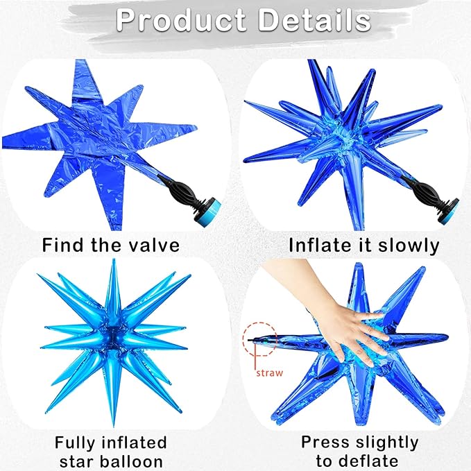 20 Pcs 27'22'Explosion Star Foil Balloons - 12 Point, Spike and Four Pointed Star Balloons for Party Supplies - Christmas, Birthday, Wedding & Photo Booth (Silver Blue)