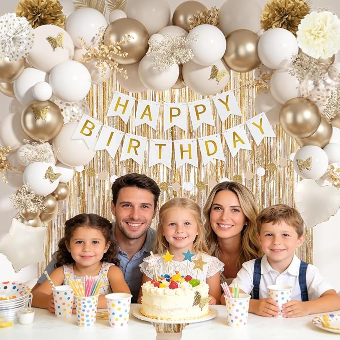 Ouddy Life White Gold Birthday Party Decorations Kit for Women Girls, Happy Birthday Banner, Sand White Metallic Gold Foil Confetti Balloons, Fringe Curtain, Cake Topper, Pompoms, Butterfly Supplies