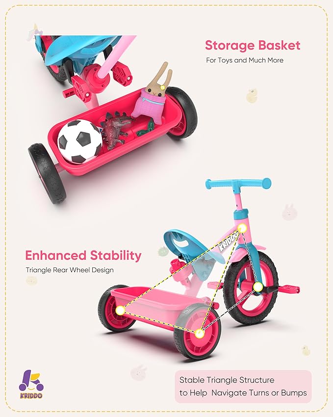 KRIDDO 3-in-1 Toddler Tricycle for Kids 18 Months to 3 Years, Tricycle for 2 Years with Parent Steering, Extra Wide Seat, Large Basket, Easy-to-Carry Seat, Gift for Boys and Girls Age 2-3, Pink