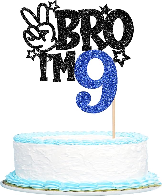 1 PCS Brother I'm 9 Cake Topper Glitter Star Happy 9th Birthday Cake Pick Bro I'm 9 Cake Decoration It's My 9th Birthday Decorations for Boys Cheers to 9 Years Old Birthday Party Supplies Blue