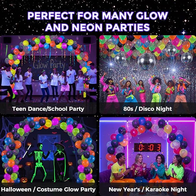LovesTown 66PCS Glow Balloons Assorted, UV Neon Latex Balloons 12" with Small Dots for Birthday Wedding Glow Party Supplies (Pack of 2)