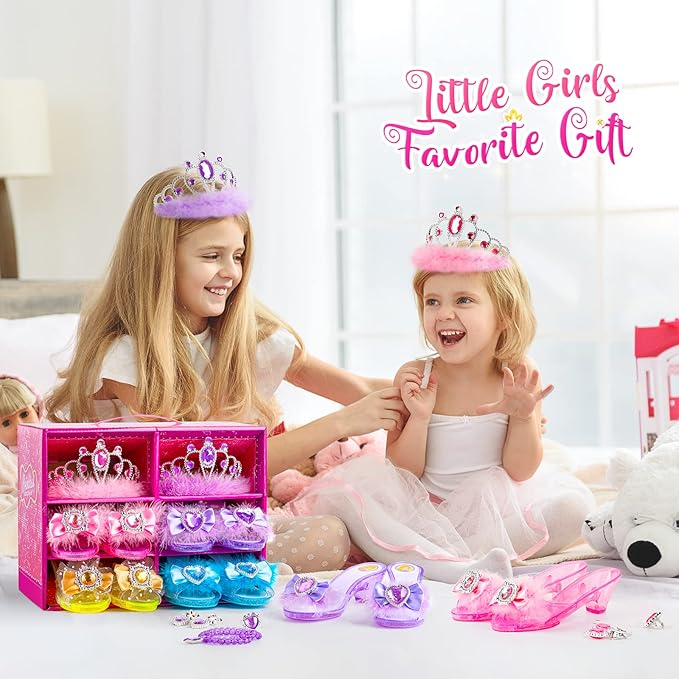Jeowoqao Princess Dress up Shoes,Girls Dress up Shoes Princess Dress Up Pretend Play Set 4 Pair of Princess Shoes, Princess Dresses Princess Cape Jewelry Toys for Toddler Girls Age 3 4 5 6 Years Gift
