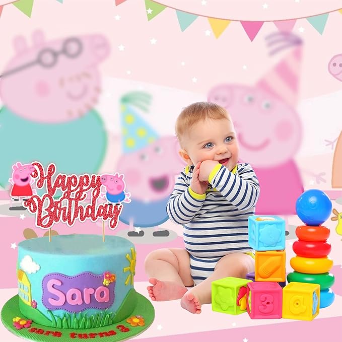 Pepa Pig Happy Birthday Cake Topper – Cute Cartoon Character Birthday Cake Decoration – Premium, Durable and Reusable Party Supplies – Fun Birthday Décor for Boys and Girls, Easy to Use Cake Topper