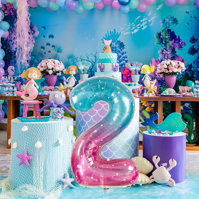 Mermaid 2 Balloons, 40 Inch Giant Rainbow Starry Helium Mylar Foil Number 0-9, Purple Teal 2nd Birthday Balloon for Girls, Blue Pink Morados Numero Two Balloons for Women Anniversary Party Decorations