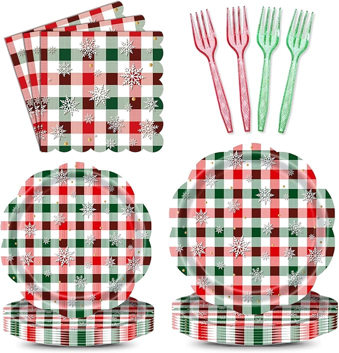96 Pieces Christmas Plaid Tableware Set – Red and Green Checkered Disposable Plates, Napkins, and Forks with Snowflake Design for Holiday Parties, Winter Birthdays, and Seasonal Events