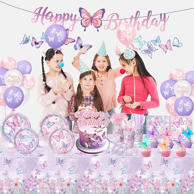 Butterfly Birthday Decorations, Girls Birthday Supplies - Plates, Napkins, Cups, Cutlery, Cake & Cupcake Toppers, Banner, Hanging Swirls, Tablecloth, Balloons for Butterfly Party Decorations, Serve 20