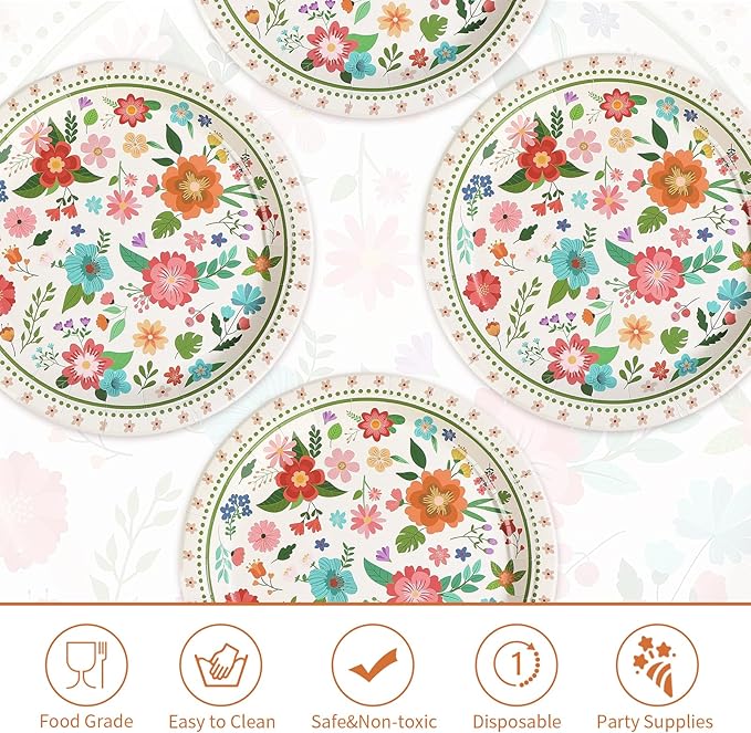 50Pcs Spring Retro Floral Party Paper Plates 10 Inch Heavy Duty Disposable Spring Flower Party Decorations Vintage Rustic Floral Plate for Boho Picnic Wedding Holiday Summer Birthday Party Supplies