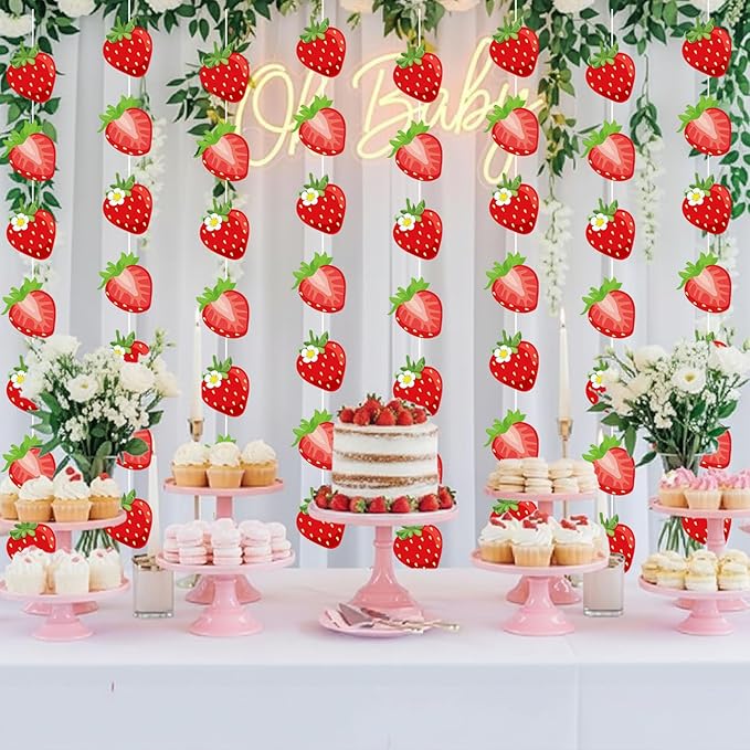Duraaamo 8 Pack Strawberry Party Banner Decorations Strawberry Back to School Decor Summer Berry Paper Garland Hanging Cutouts Theme Banners for Back to School Baby Shower Party Supplies Decor