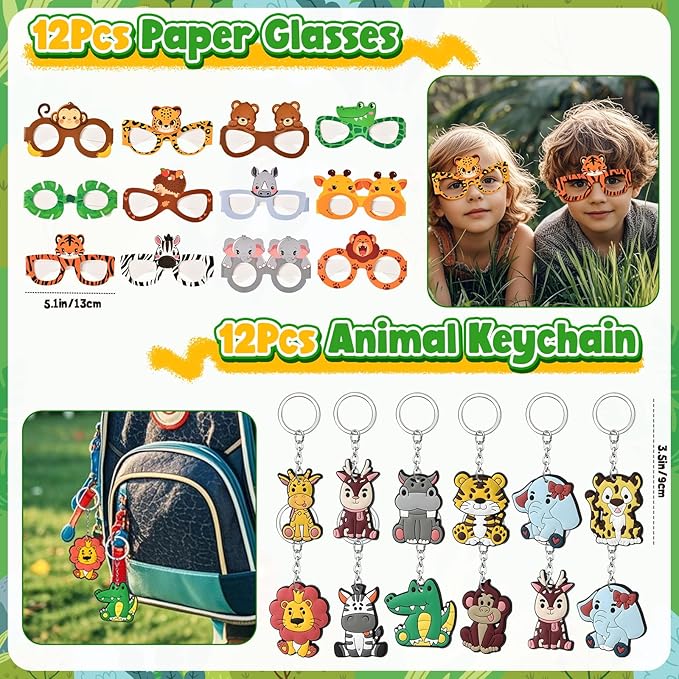 Winrayk 136Pcs Safari Party Favors Jungle Birthday Supplies for Kids, Wooden Painting Kit with Card/ Tote Bag/ Paper Glasses/ Keychain/ Tattoo Sticker/ Animal Sticker, Wild One Party Favors Decor