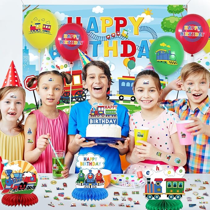 Train Party Decorations , Includes Happy Birthday Banner, Cake Toppers, Birthday Backdrop, Train Stickers, Balloons, Honeycomb Centerpieces, for Train Party Vehicle Party Supplies