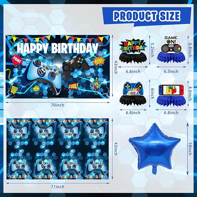 Video Game Birthday Party Decorations, 179Pcs Gamer Gaming Birthday Party Supplies Decor with Backdrop, Sticker, Balloons, Cake Toppers, Tablecloth, Centerpieces, Hanging Swirls, Wall Signs