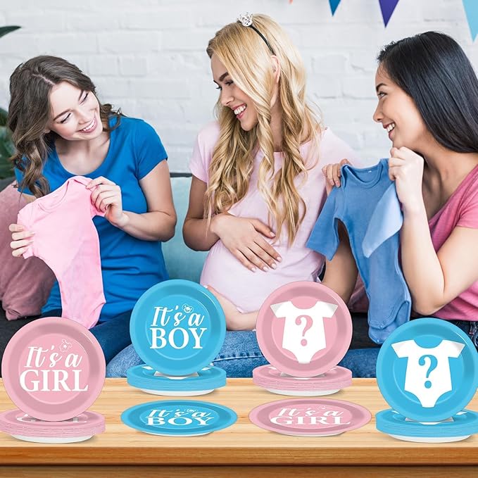 CHUNNIN 48Pcs Gender Reveal Party Paper Plates for Gender Reveal Party Supplies 7" Boy or Girl Pink and Blue Disposable Plates for Baby Shower Newborn Favors Decorations