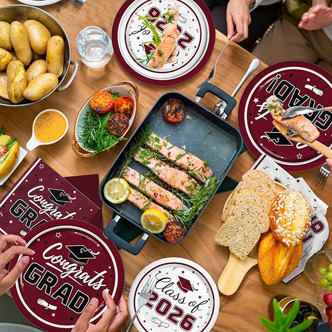 Graduation Maroon Party Supplies Kit Dinner Plates Dessert Plates and Napkins for Congrats Grad Party Decorations, Serves 50