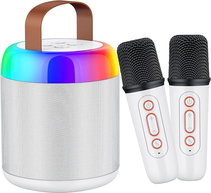 Karaoke Machine for Kids, Portable Bluetooth Speaker with 2 Wireless Microphones and LED Lights, Music Player Toys Gifts for Kids Ages 4, 5, 6, 7, 8, 9, 10+ Year Old Birthday Party (White)
