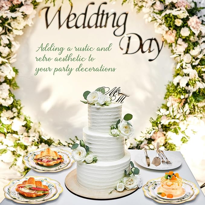 60 Pcs Eucalyptus Greenery Paper Plates 9 in and 7 in Sage Green Dessert Party Plates with Gold Rim Disposable Floral Shape Tableware for Wedding Birthday Party Baby Shower Bridal Shower